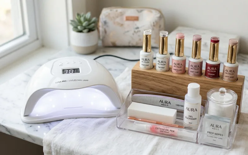 Professional-looking gel manicure kit displayed neatly with LED lamp.
