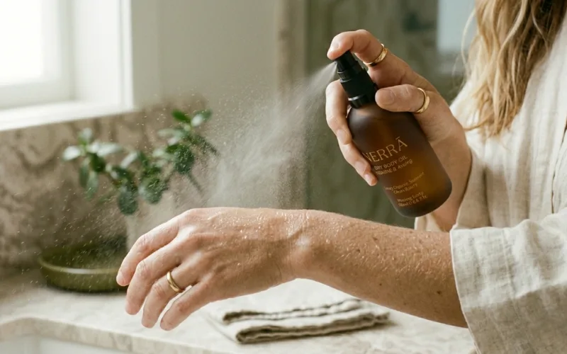 Body oil spray bottle misting onto skin, luxury organic skincare.