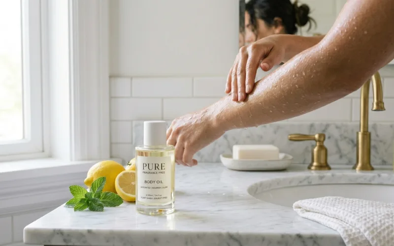 Glowing hydrated skin with body oil bottle, fresh citrus-inspired skincare scene.