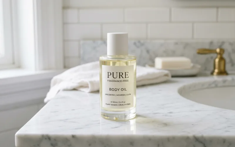 Minimalist fragrance-free body oil bottle on marble surface.