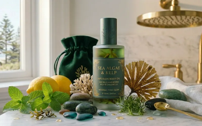 Luxury algae body oil bottle with seaweed elements.