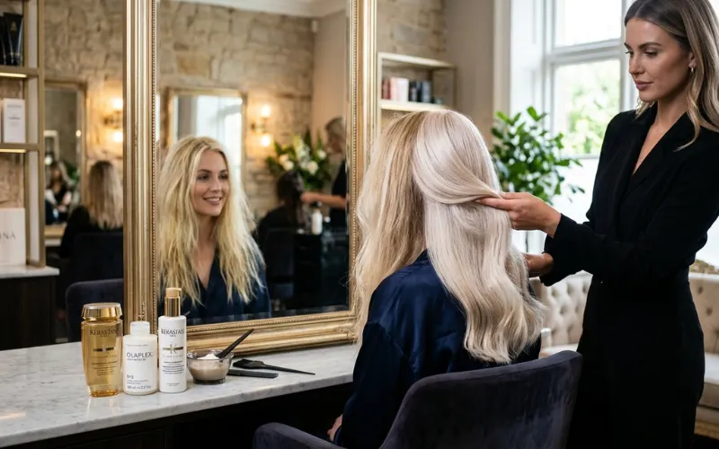 Damaged blonde hair repair concept with healthy restored platinum strands, luxury salon product scene.