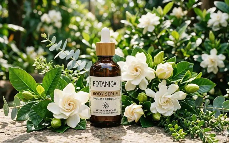 Botanical body serum bottle surrounded by gardenia flowers and green leaves, natural skincare theme.