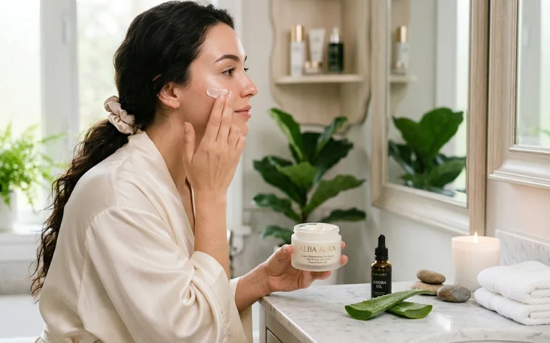 Woman applying natural face cream during a skincare routine in a bright bathroom with aloe vera and beauty products.