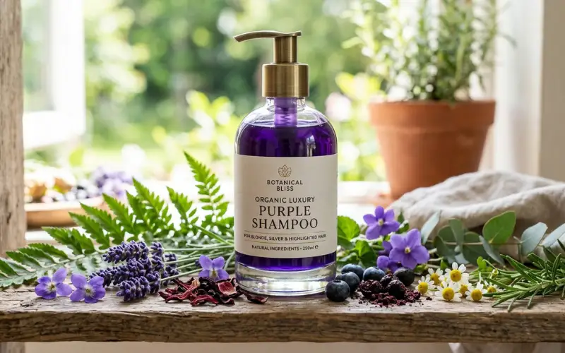 Organic luxury purple shampoo in glass bottle with natural botanical ingredients around it.