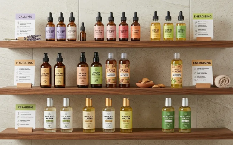 Collection of different body oils on shelf, skincare guide concept, organized beauty products.