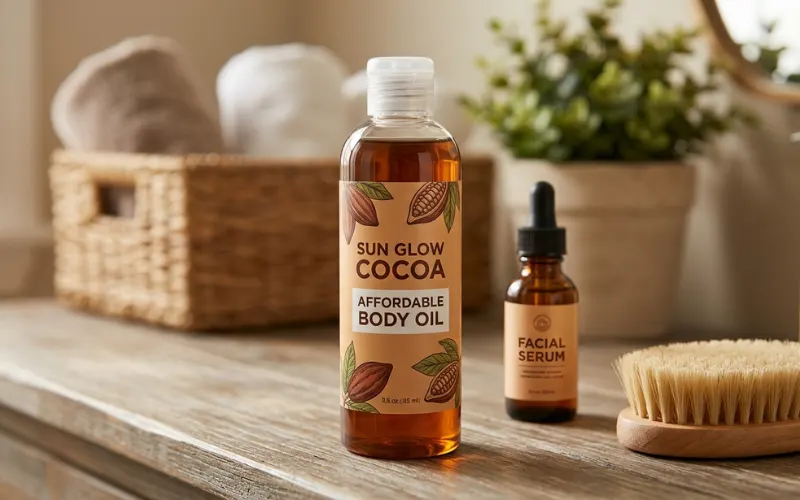 Affordable cocoa butter body oil bottle, warm cocoa tones, everyday skincare routine.