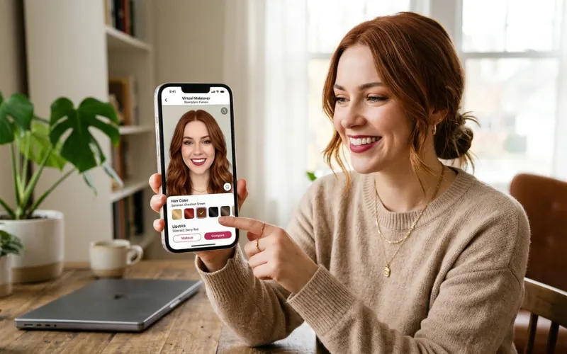 Woman testing hair color and makeup combination virtually, beauty app simulation, lipstick and hair makeover preview.