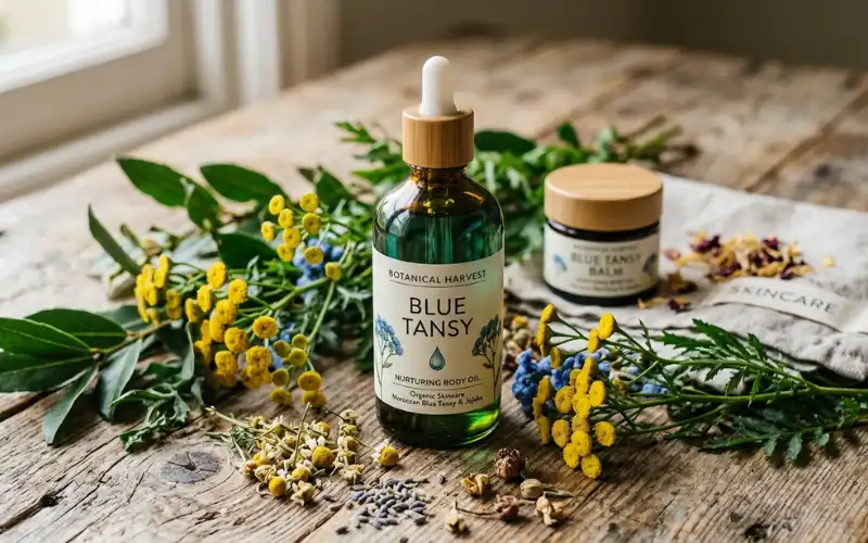 Blue tansy body oil bottle with botanical flowers, organic skincare concept, natural wooden background.