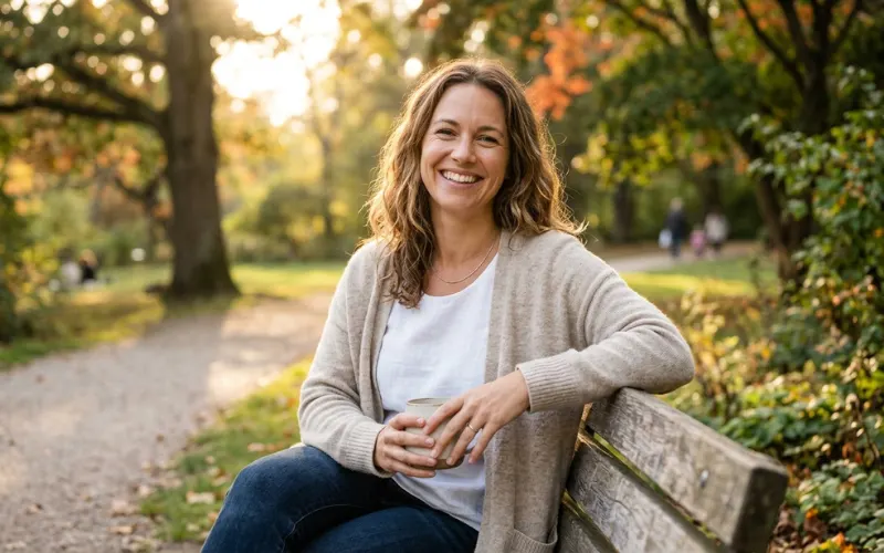 Peaceful confident woman smiling naturally, emotional wellbeing and self-esteem concept.