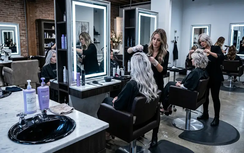 Luxury salon scene with silver and blonde hair transformations, purple shampoo bottles beside sink.
