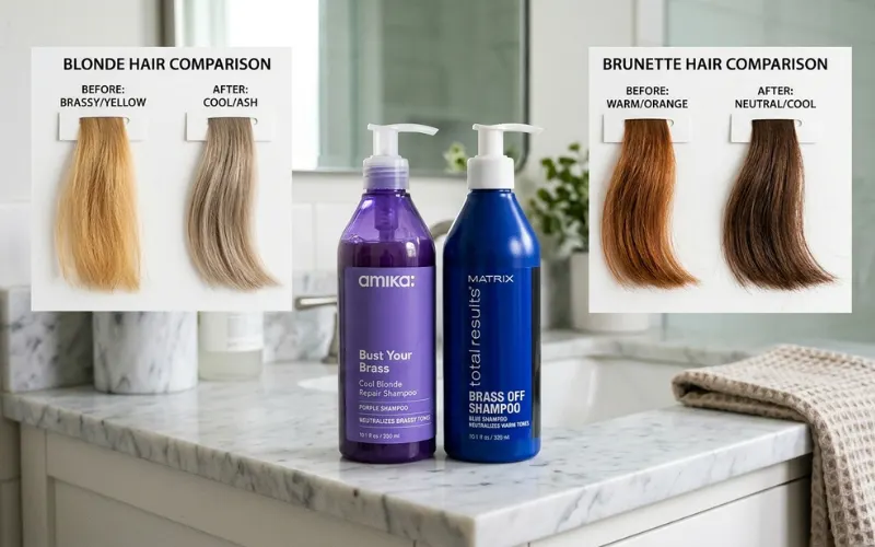 Purple shampoo bottle beside blue shampoo bottle with blonde and brunette hair comparison.
