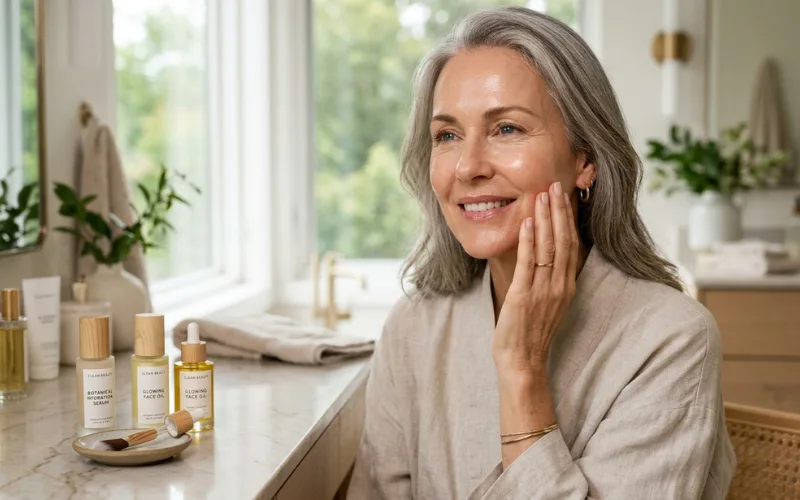Hydrating serum and face oil applied before makeup, mature skin.
