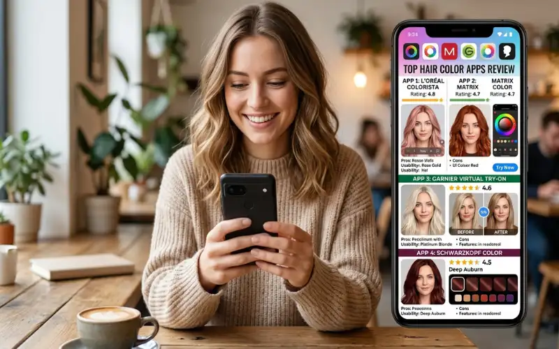Smartphone screen displaying multiple hair color apps comparison, beauty app interface.