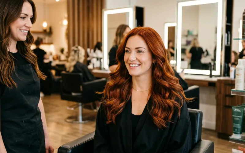 Rich copper auburn hair transformation on realistic brunette woman, glossy salon lighting.