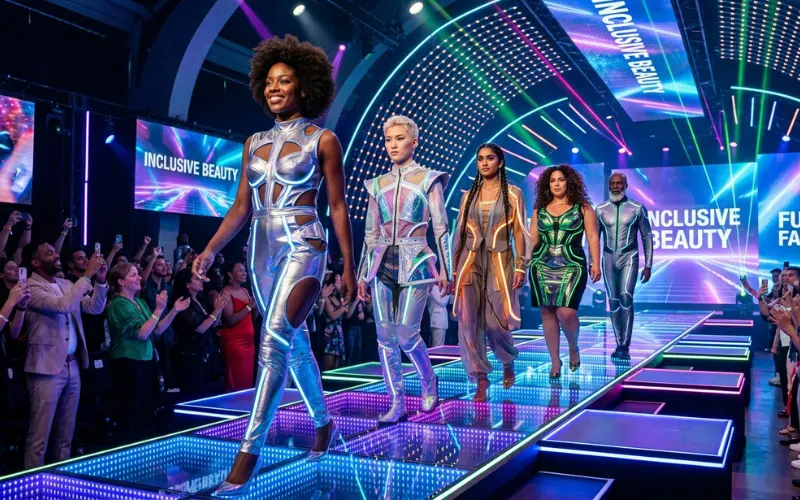 Futuristic fashion runway, diverse confident models, glowing modern aesthetic, inclusive beauty vision concept.