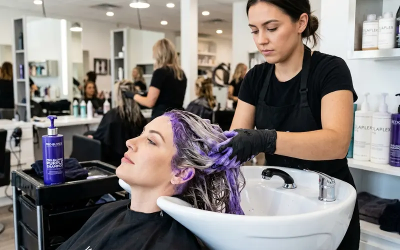 Highlighted blonde hair under bright salon lighting with fresh cool tones, professional stylist applying purple shampoo.