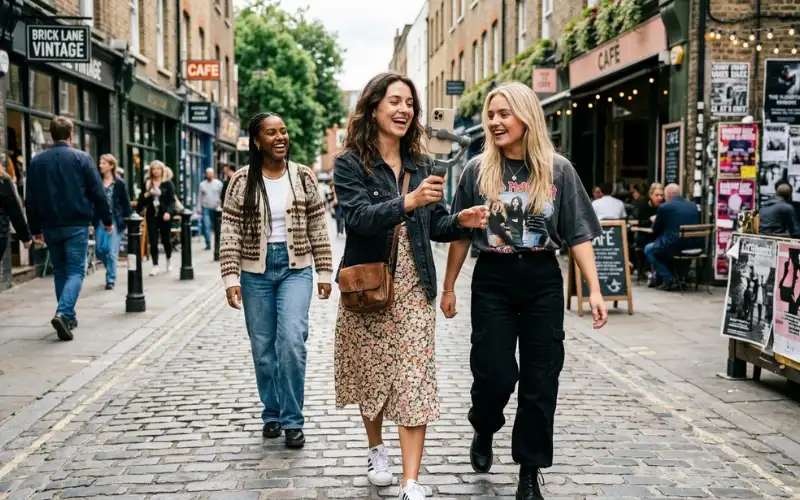 Vlogging friends walk on cobbled Brick Lane street in London.