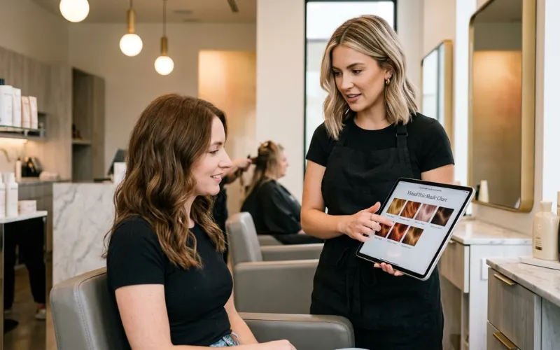 Professional salon consultation with virtual hair shade chart, luxury hair color inspiration, hairstylist.