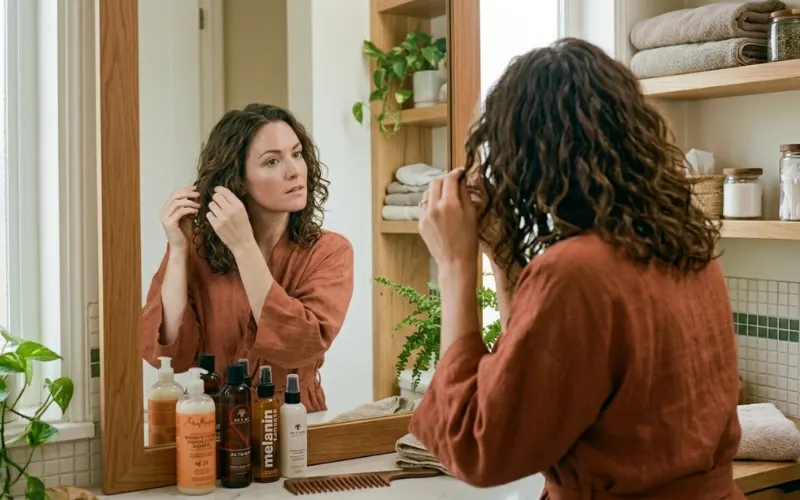Woman examining hair in mirror during haircare transition.