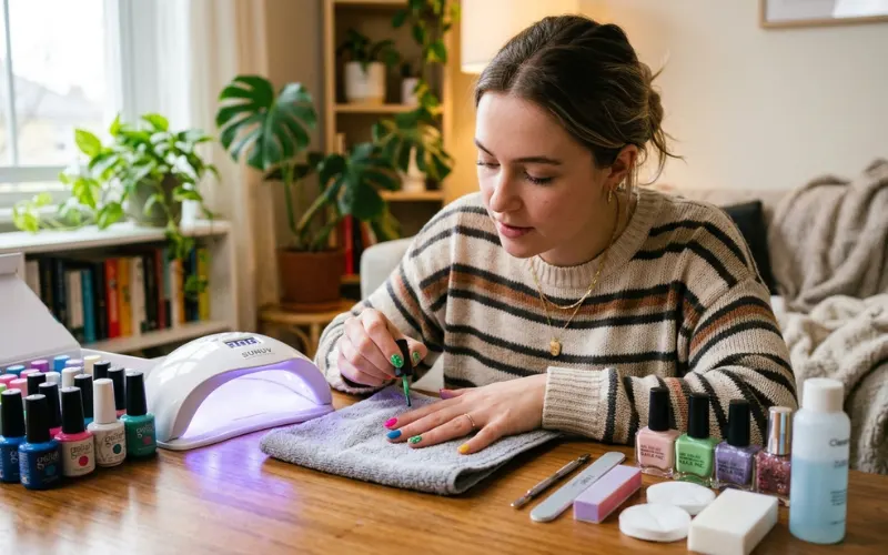 Woman doing gel manicure at home with LED lamp, colorful nail polish kit.