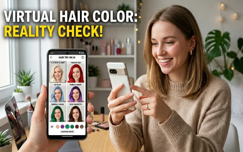 Realistic beauty-tech blog thumbnail, woman comparing multiple virtual hair colors on smartphone apps.