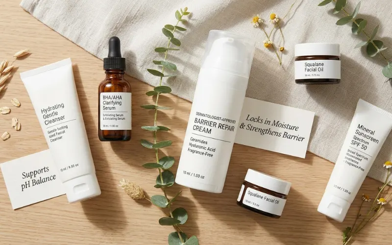 Dermatologist-approved moisturizer beside skincare products, healthy skin barrier concept.