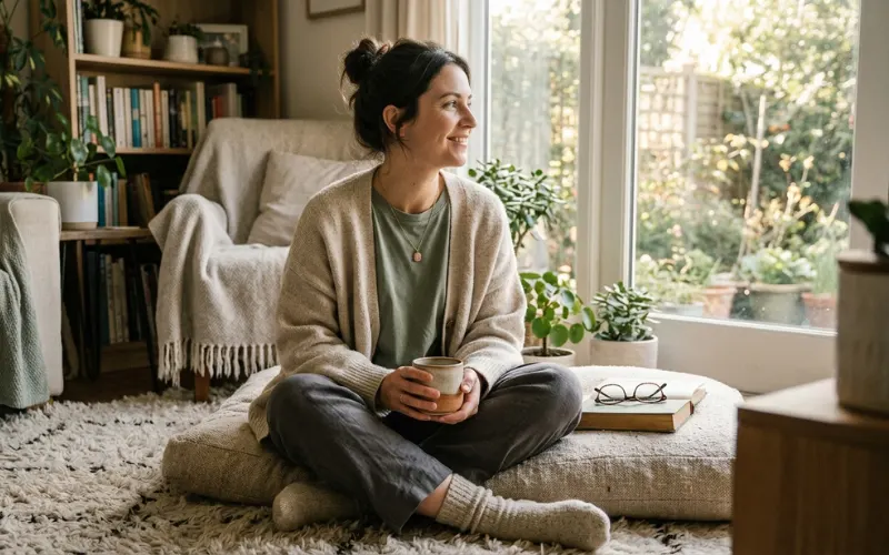 Calm lifestyle scene, comfortable clothing, relaxed confident person, mental wellness fashion concept.