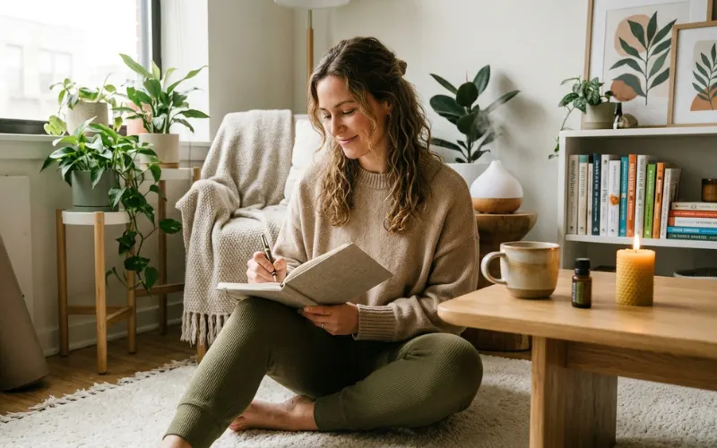 Confident woman practicing self-care, wellness lifestyle, modern feminine health concept.