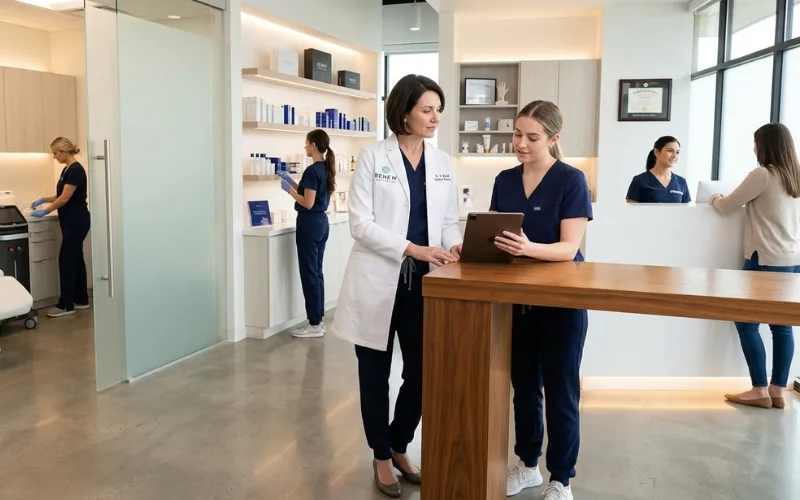 Medical director supervising aesthetic clinic, healthcare professionalism.