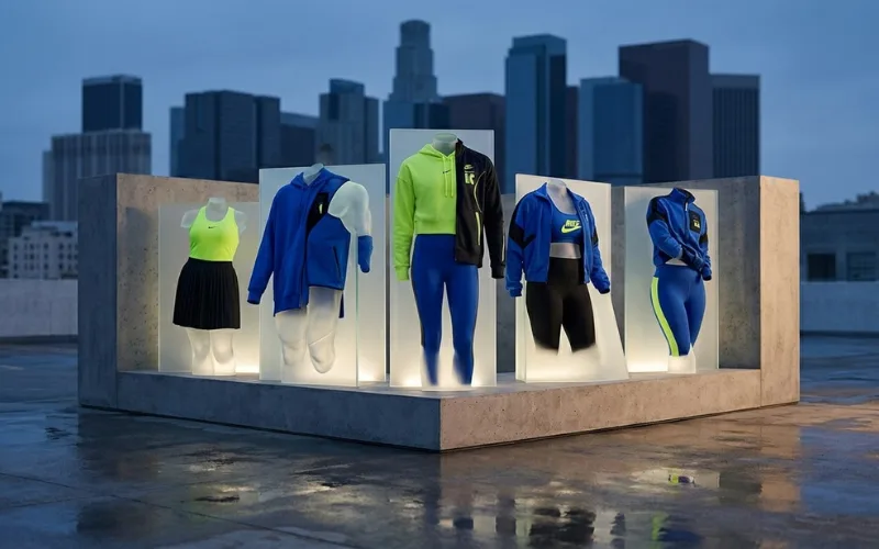 Sports fashion collaboration concept, athletic wear on diverse body types, Nike style modern campaign.