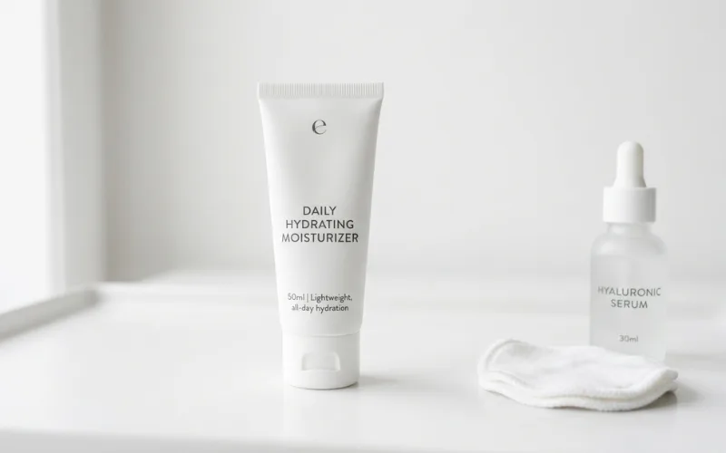 Minimalist moisturizer tube on white background, simple skincare routine.