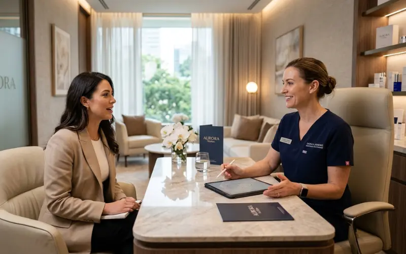 Professional med spa consultation, female patient speaking with aesthetic specialist, luxury clinic environment.