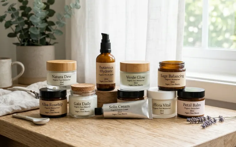 Collection of natural face moisturizers arranged neatly, skincare comparison, clean beauty products.