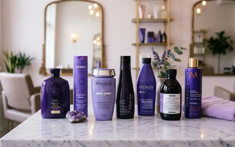 Collection of premium purple shampoo bottles arranged on marble salon counter, soft purple.