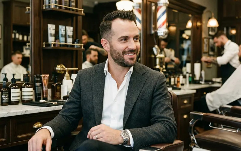 Stylish modern man with slightly thinning hair looking confident after a professional haircut, luxury barbershop background, cinematic lighting, realistic magazine-style.