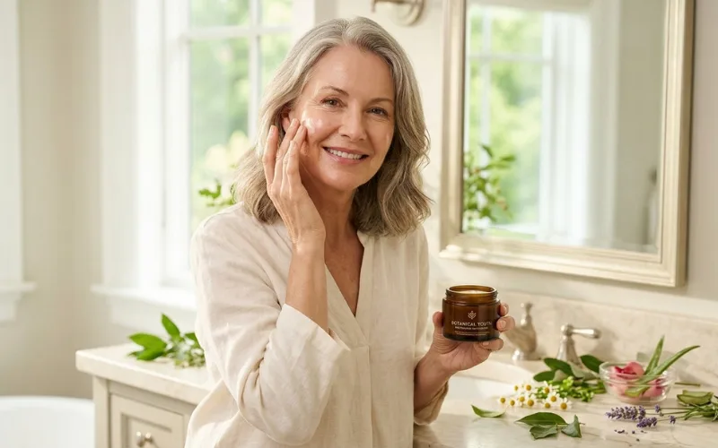 Premium anti-aging moisturizer, mature woman with glowing skin.