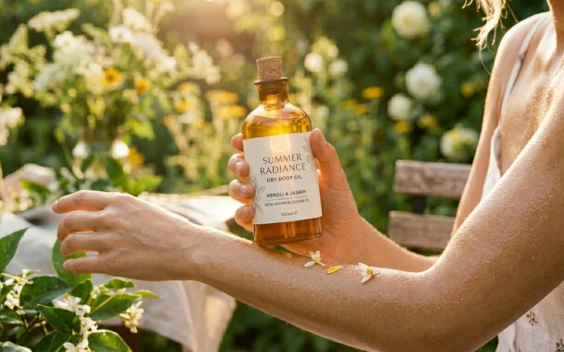 dry oil bottle in warm summer sunlight, glowing skin, fresh and airy skincare.