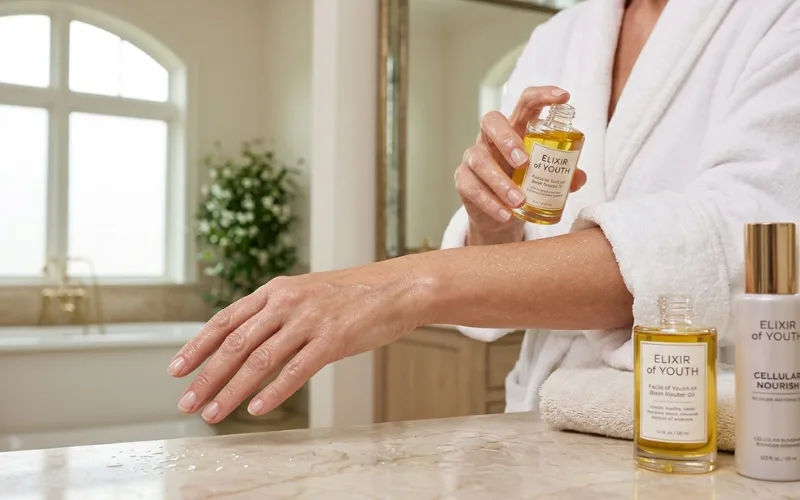 Close-up of smooth moisturized arms, body oil bottle nearby, healthy skin texture, skincare treatment concept.