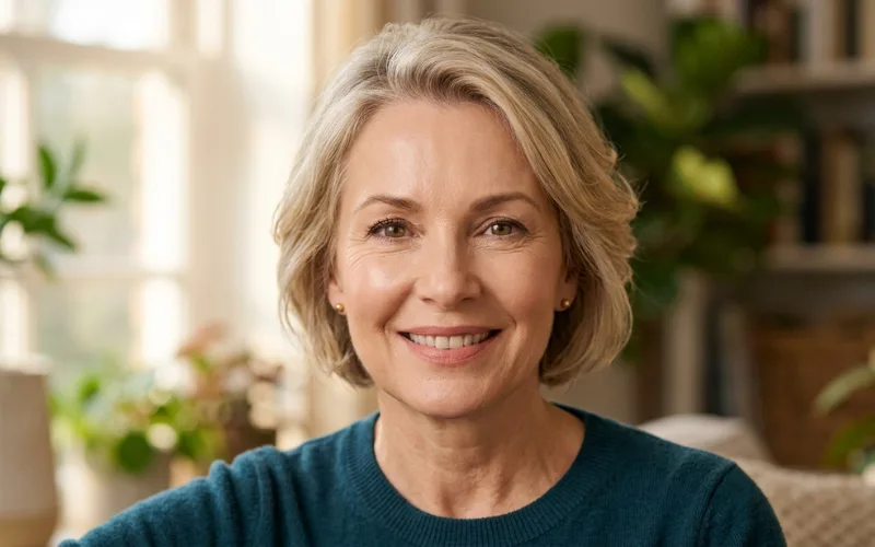 Mature woman with smooth crease-free foundation finish, close-up facial portrait.
