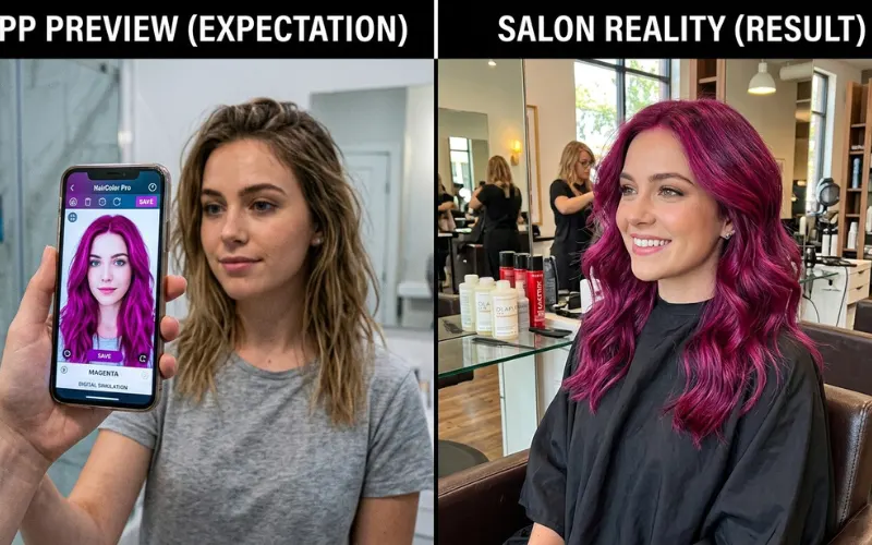 Split image showing realistic salon hair result vs digital hair color app preview, beauty expectation vs reality.