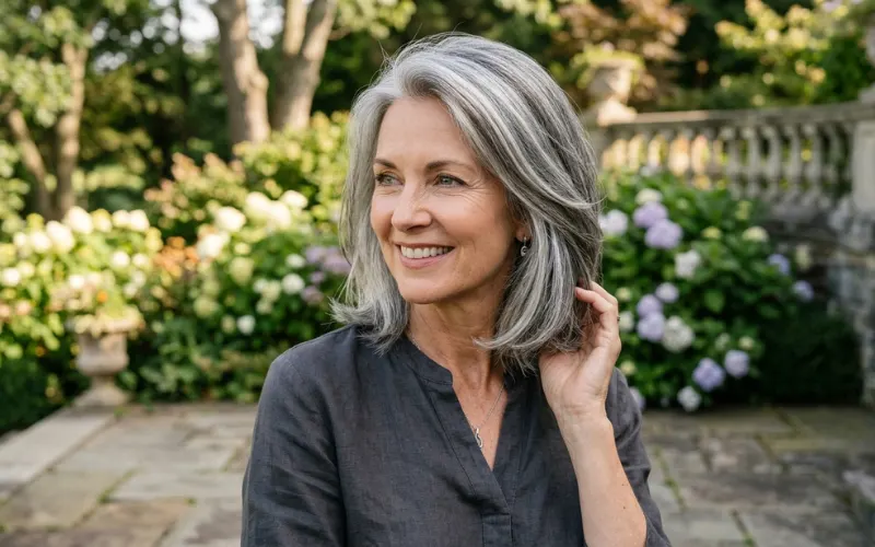 Realistic gray hair transformation preview on woman, elegant silver hair shades, mature beauty.
