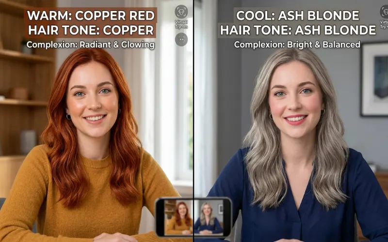 Split-screen woman trying warm and cool hair tones virtually, copper vs ash blonde comparison.