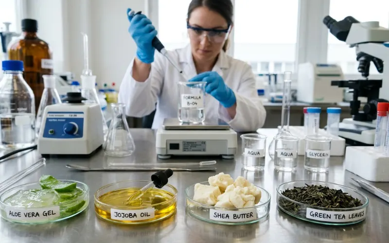Close-up of moisturizer ingredients, aloe vera, jojoba oil, shea butter, green tea leaves, skincare research scene.