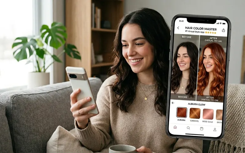 Smartphone displaying top-rated virtual hair color app with realistic hair transformation results.