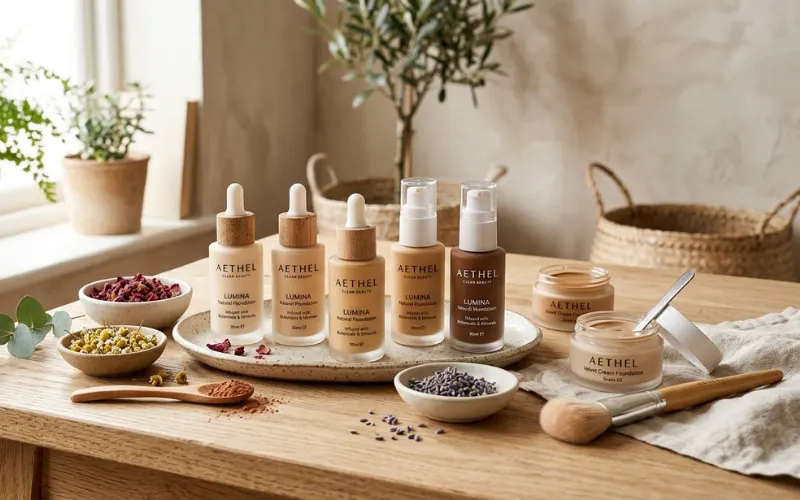 Clean beauty foundation products with natural ingredients displayed elegantly.
