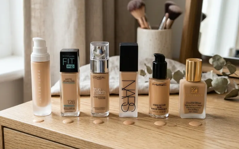 Multiple foundation bottles arranged side by side for comparison.