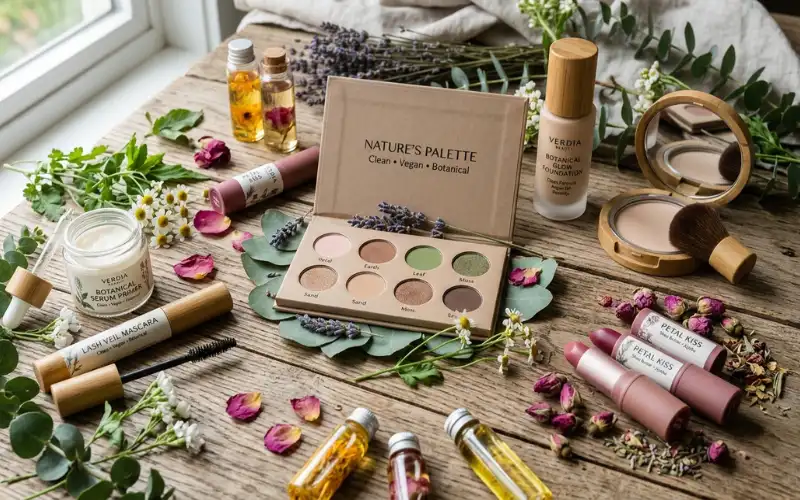Ingredient-conscious makeup products with botanical elements, clean beauty concept.