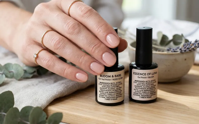 Close-up of gel nail polish ingredient labels with healthy nails, clean beauty concept.