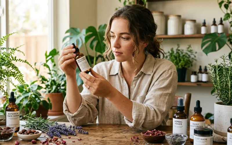 Woman reading skincare ingredient label, natural cosmetic bottles, botanical ingredients, clean beauty concept.